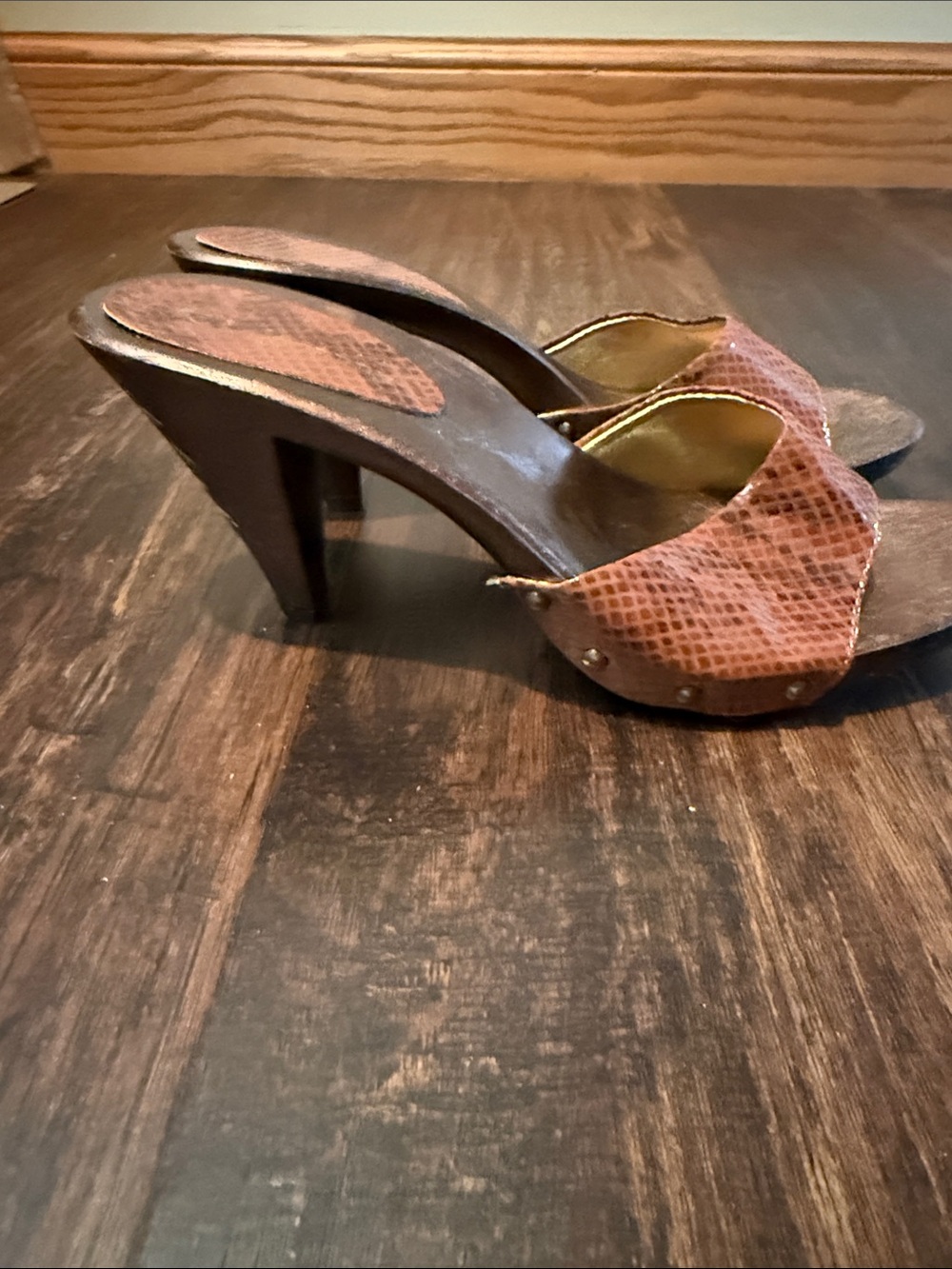New-made in Italy  Brown Snake-Print Slide Heels - Picture 3 of 7